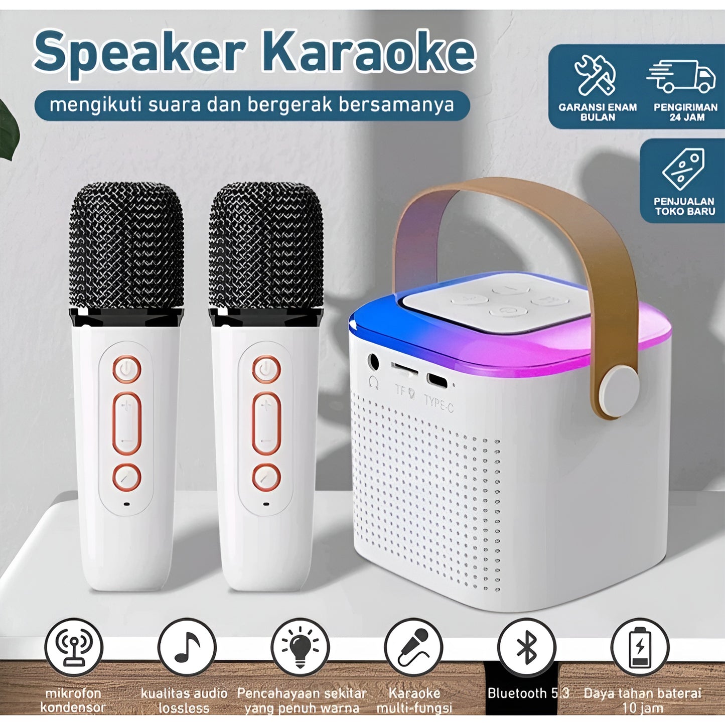 Wireless Mini Vocal Speaker with Dual Mic RGB Lights & Voice