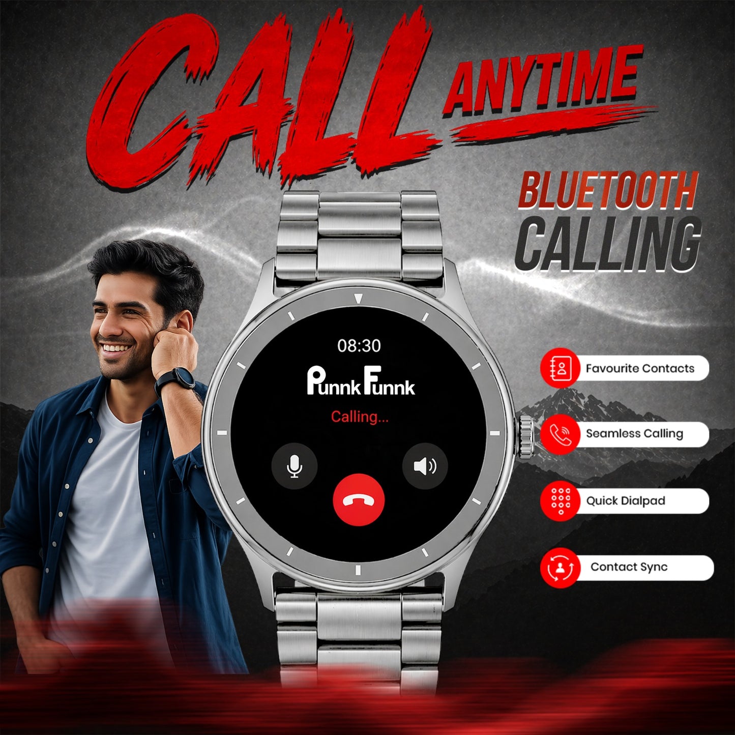 PunnkFunnk Active Lite 1.49"Amoled Display BT Calling, Notification, Music, Sports, fitness Smartwatch (Metal)