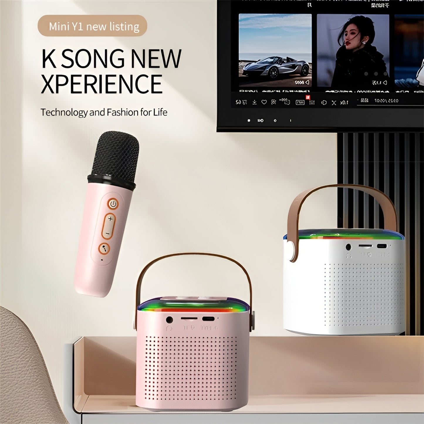 Wireless Mini Vocal Speaker with Dual Mic RGB Lights & Voice