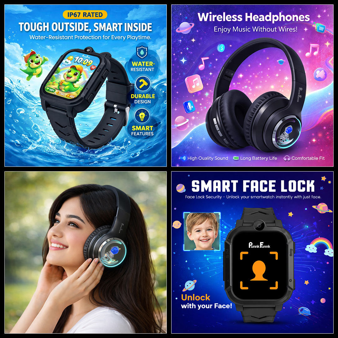 PunnkFunnk Kids Smartwatch & Wireless Headphones Gift Combo for Boys & Girls (7–15 Years) | Learning + Music Entertainment Kit