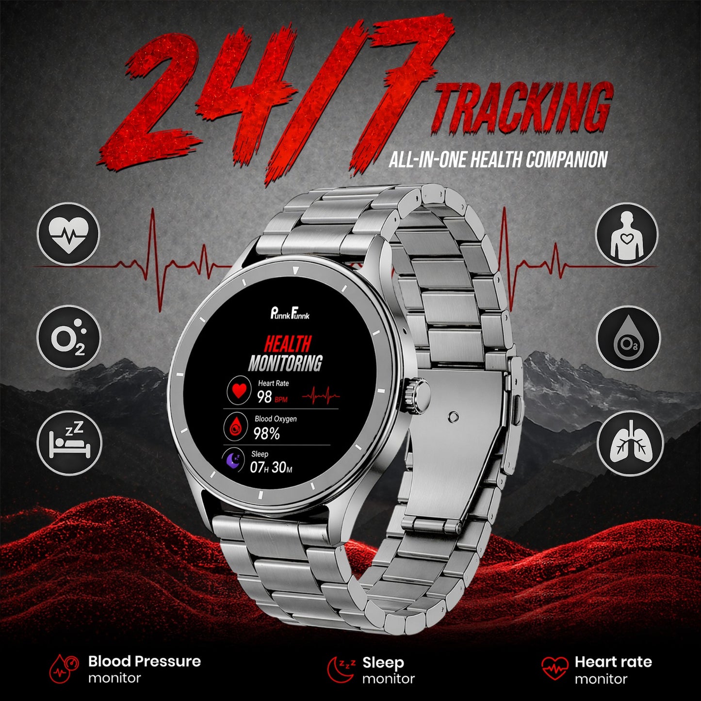 PunnkFunnk Active Lite 1.49"Amoled Display BT Calling, Notification, Music, Sports, fitness Smartwatch (Metal)