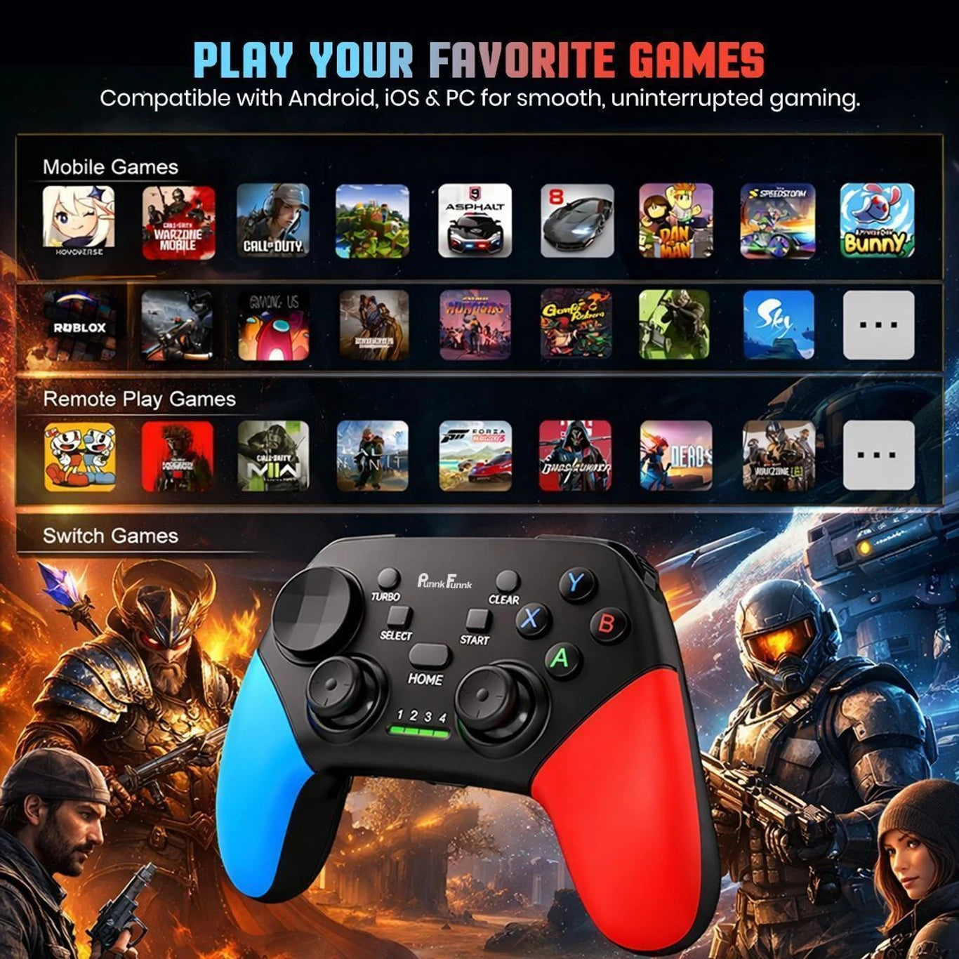 Gaming controller with game app icons on a gaming-themed background