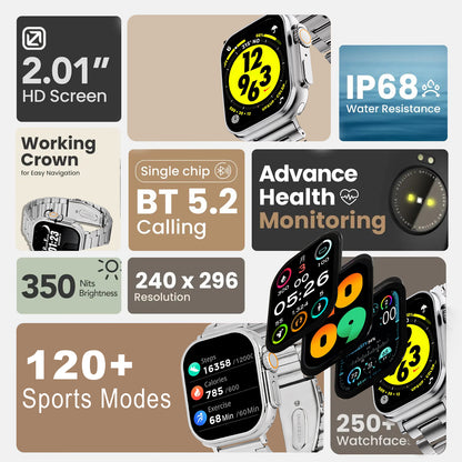 T800 Ultra Smartwatch Stainless Steel, BT Calling, Fitness & Music Smartwatch