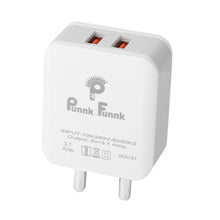 Load image into Gallery viewer, PunnkFunnk PFC 222 Dual USB Smart Charger, Made in India, Fast Charging Power Adaptor Without Cable for All iOS &amp; Android Devices (White)
