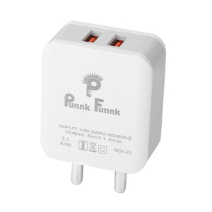 PunnkFunnk PFC 222 Dual USB Smart Charger, Made in India, Fast Charging Power Adaptor Without Cable for All iOS & Android Devices (White)